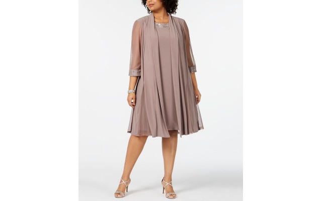 R & M Richards Plus-Size Embellished Dress & Jacket Set, Taupe 18W