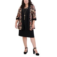 R & M Richards Women’s Plus Size 2-Pc. Printed Jacket & Necklace Dress, Black/Red, 18W