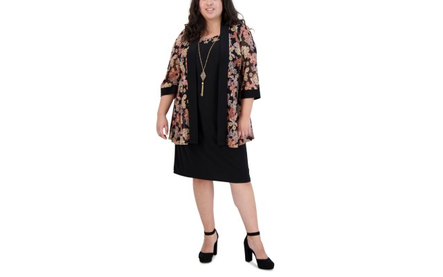 R & M Richards Women’s Plus Size 2-Pc. Printed Jacket & Necklace Dress, Black/Red, 18W