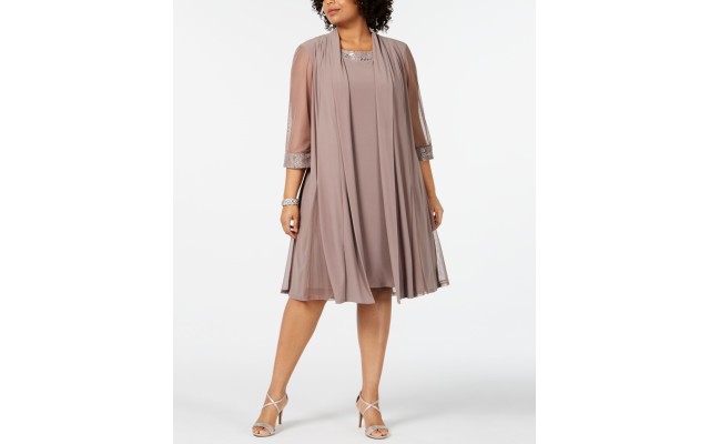 R & M Richards Womens Plus-Size Embellished Dress & Jacket Set, Beige/22W