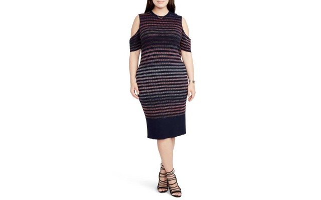  Women’s Ombre Stripe Cold Shoulder Sweater Dress, Navy/Port Combo, 2X