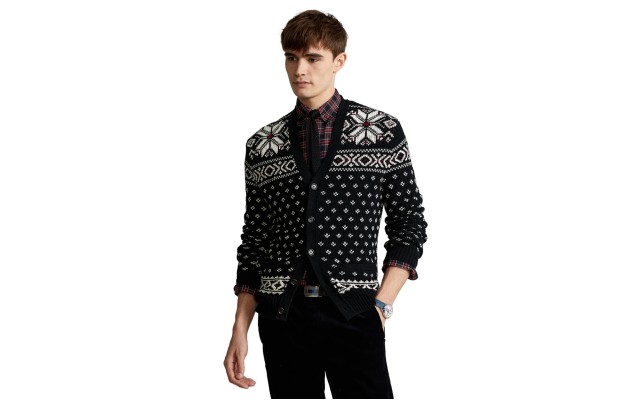  Men’s Fair Isle Button up Long Sleeved Cardigan Sweater, Black, X-Large