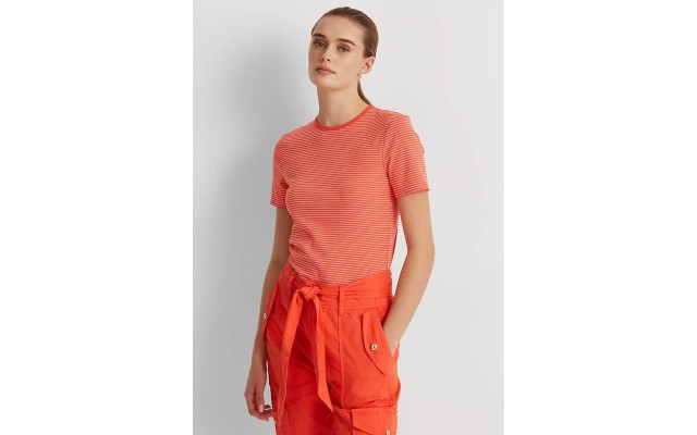  Womens Orange Striped Short Sleeve Crew Neck T-Shirt, Orange, M