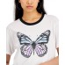  Juniors’ Butterfly-Graphic Ringer T-Shirt, White, XL