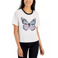 Rebellious One Juniors’ Butterfly-Graphic Ringer T-Shirt, White, XL