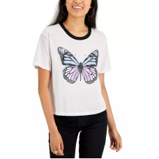 Rebellious One Juniors’ Butterfly-Graphic Ringer T-Shirt, White, XL