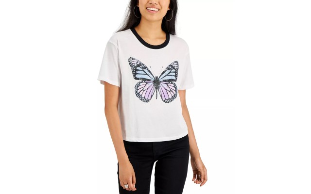  Juniors’ Butterfly-Graphic Ringer T-Shirt, White, XL