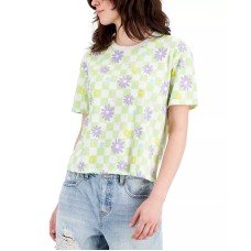 Rebellious One Juniors’ Flower Checker Print T-Shirt, White, Small