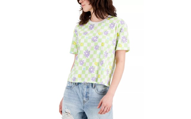  Juniors’ Flower Checker Print T-Shirt, White, Small