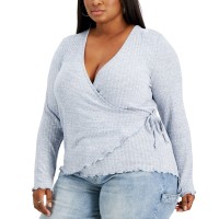 Rebellious One Trendy Plus Size Hacci Wrap Sweater, 1X, Blue