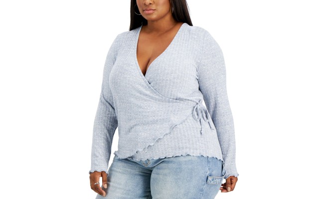  Trendy Plus Size Hacci Wrap Sweater, 1X, Blue