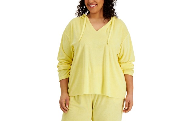  Trendy Plus Size Loop Terry Hoodie, Yellow, 2X