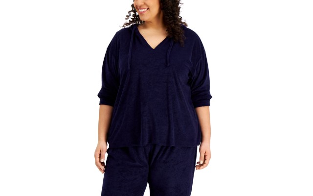  Womens Trendy Plus Size Loop Terry Hoodie, Navy, 2X