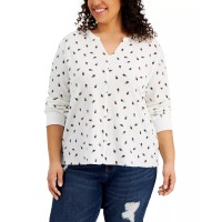 Rebellious One Womens Trendy Plus Size Printed Notch-Neck Thermal Top, Cream Mini Rose, 1X