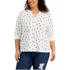 Rebellious One Womens Trendy Plus Size Printed Notch-Neck Thermal Top, Cream Mini Rose, 1X