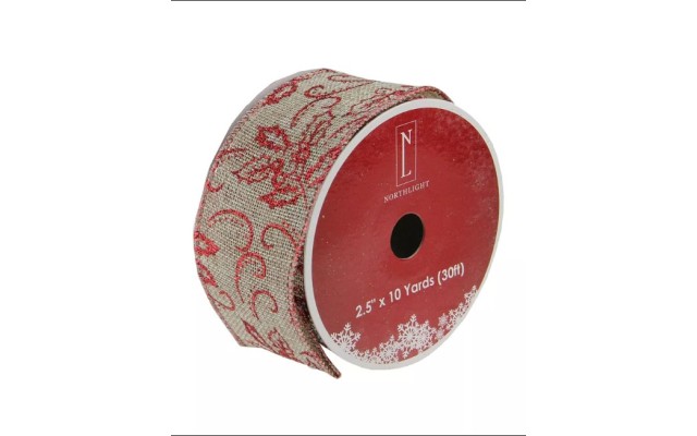 Red and Beige Christmas Wired Craft Ribbon 2.5 x 10 Yards