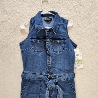 Rewash Womens Sleeveless Utility Style Button Front  Denim Jumpsuit, Blue, Medium
