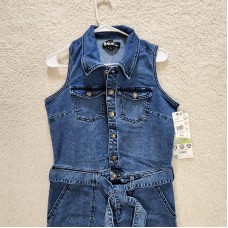 Rewash Womens Sleeveless Utility Style Button Front  Denim Jumpsuit, Blue, Medium