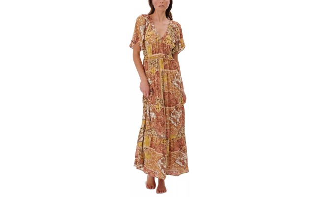  Juniors’ Wanderer Printed Tiered Maxi Dress, Maroon, Small