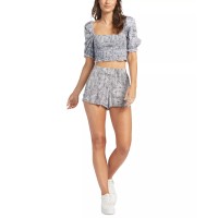 Roxy Juniors’ Sunset Walks Printed Smocked Puff-Sleeve Top, Blue, Large