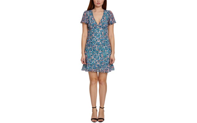  Women’s Petite Floral-Print A-Line Dress, Blue/White, 10P