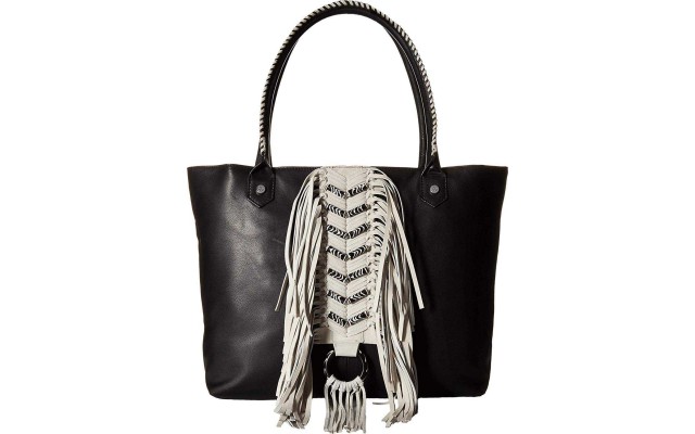  Womens Solana Leather Fringe Tote Handbag Black Large