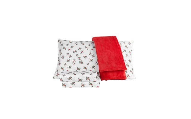  Holiday Microfiber 5 Piece Full Sheet Set and Throw, Red, Full