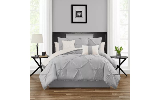  Pom-Pom 7-Piece King Comforter Set, Gray, King