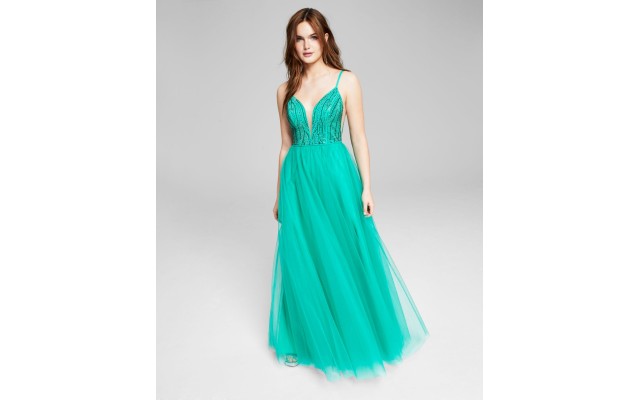  Juniors’ V-Neck Beaded Top Ball Gown Dress, Spearmint, 15