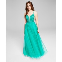 Say Yes To The Prom Juniors’ V-Neck Beaded Top Ball Gown Dress, Spearmint, 3