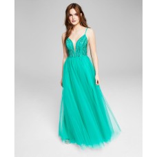 Say Yes To The Prom Juniors’ V-Neck Beaded Top Ball Gown Dress, Spearmint, 3