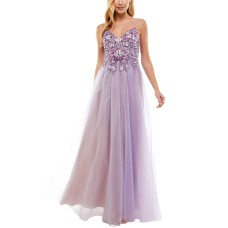 Say Yes To The Prom Women’s Spaghetti Strap V Neck Full-Length Ballgown Dress, Purple, 9