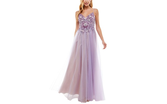  Women’s Spaghetti Strap V Neck Full-Length Ballgown Dress, Purple, 9