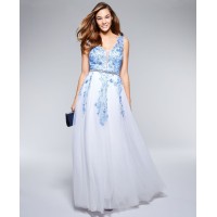 Say Yes To The Prom  Women’s V-Neck Embroidered Gown  Dress, Blue/Ivory, 1