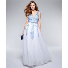 Say Yes To The Prom  Women’s V-Neck Embroidered Gown  Dress, Blue/Ivory, 1