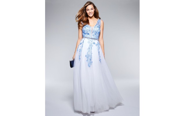   Women’s V-Neck Embroidered Gown  Dress, Blue/Ivory, 1