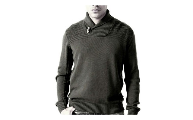  Men’s Ribbed Shawl Collar Sweater (Charcoal Heather, XL)