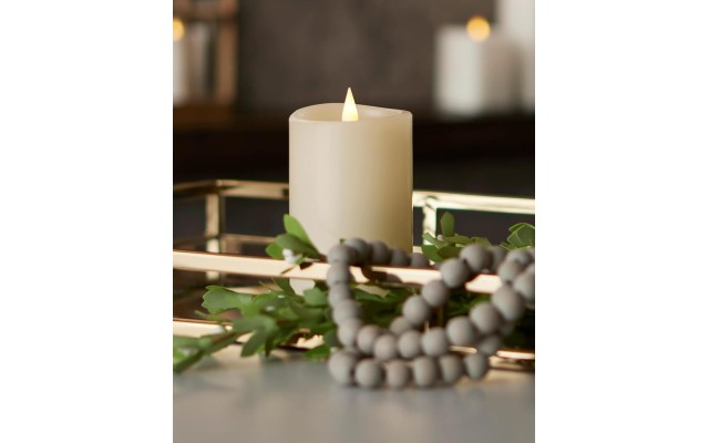 Seasonal Realistic Motion Flameless Electric LED Pillar Candle | 3D Moving Flame Adjustable Brightness Translucent and Glowing Body Up to 800 Hour Battery Operated with Timer (3 x 5,Ivory)