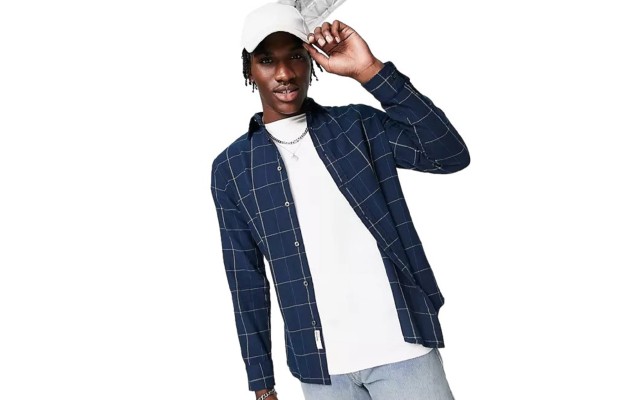  Mens Windowpane Twill Check Shirt, Navy, Large