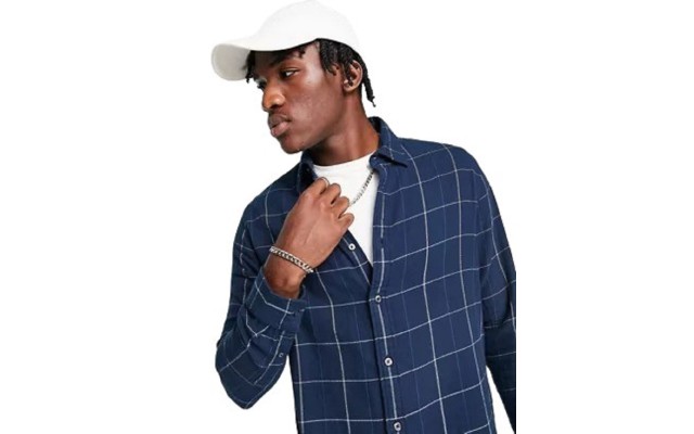  Mens Windowpane Twill Check Shirt, Navy, Medium