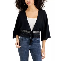Self Esteem Juniors’ Crochet-Hem Tie-Front Kimono Top, Black, XL