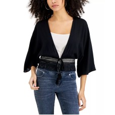 Self Esteem Juniors’ Crochet-Hem Tie-Front Kimono Top, Black, XL