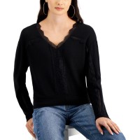 Self Esteem Juniors Lace-Trim V-Neck Top, Black, Large