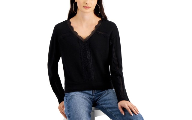  Juniors’ Lace-Trim V-Neck Top, Black, X-Small
