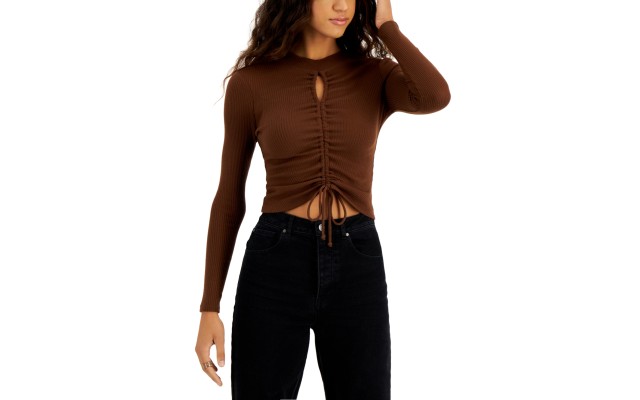  Juniors’ Long Sleeve Mock Neck Keyhole Top, Brown, Small