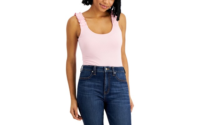  Juniors’ Ribbed Ruffled-Strap Bodysuit, Rose Shadow, Medium
