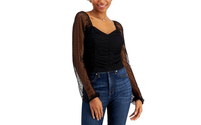  Juniors Ruched Mesh Tops, Black, Medium