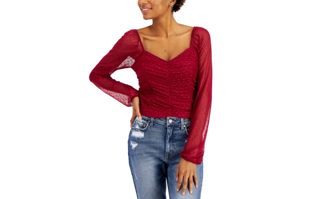  Juniors Ruched Mesh Tops, Red, Medium