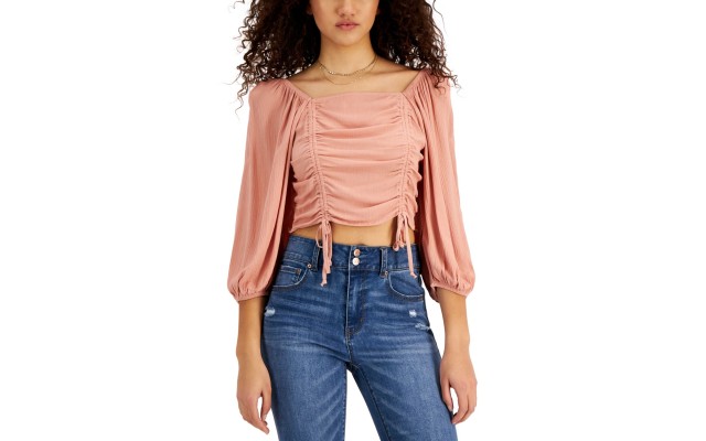  Juniors’ Ruched-Front Woven Top, Mauve, Medium