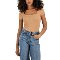 Self Esteem Juniors’ Square-Neck Short-Sleeve Jacquard Ribbed Bodysuit, Macchiato, XS